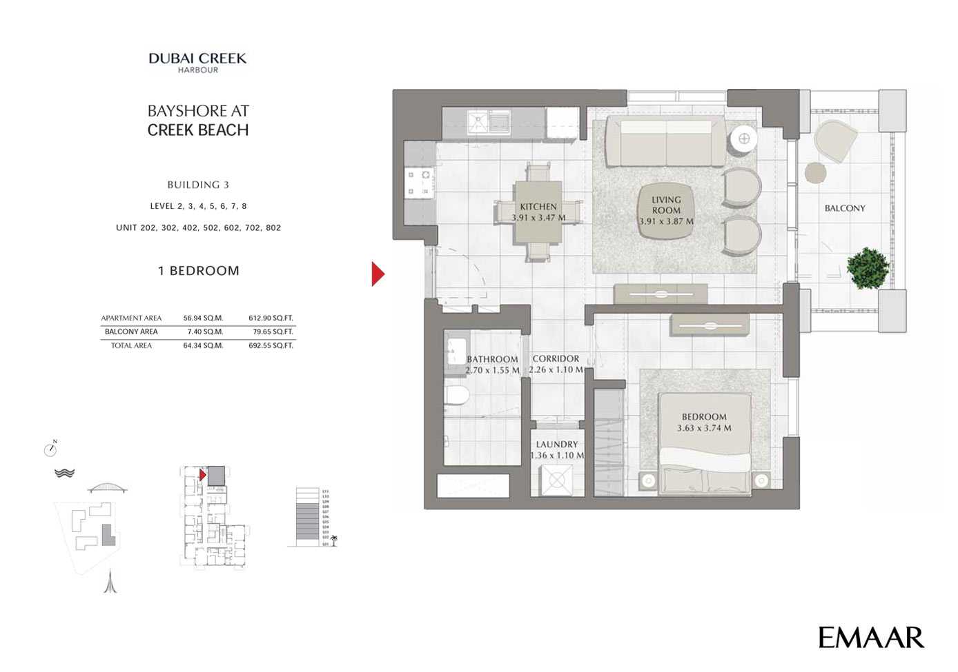 Building 3 - 1 Bedroom Level 2-3-4-5-6-7-8 Unit 202-302-402-502-602-702-802, Size 692 sq ft